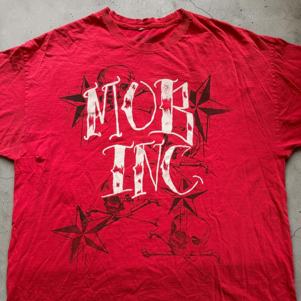 Mob Inc Mens Red Skull Graphic T-Shirt Y2K Grunge Distressed XXL Skateboard Tee